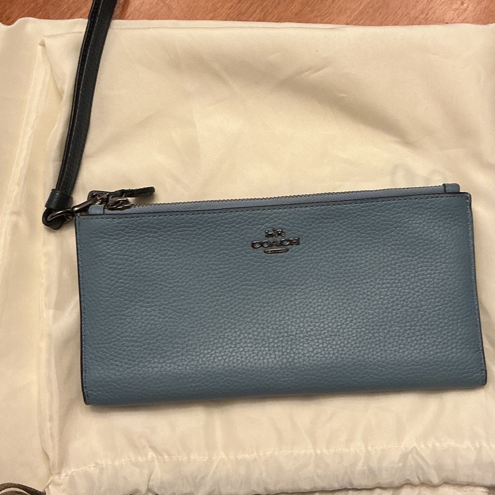 Coach Pebbled Leather Wristlet in Slate Blue